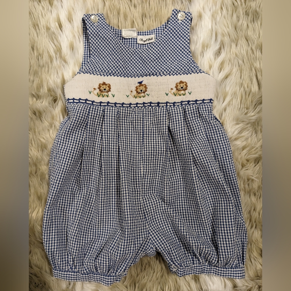 Royal Child Smocking Lion Blue Plaid Romper size 12 Months